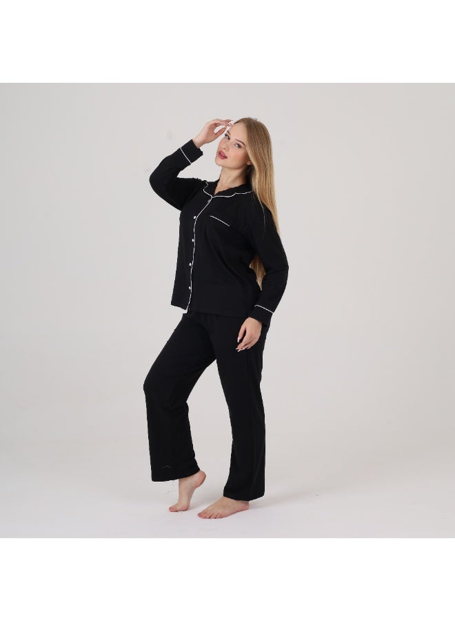 ZECOTEX Women's Classic Cotton Pajama Set - 2-Piece (Button-Down Shirt & Pants) - Elegant Piping Design - Sizes S to 3XL - Black - Image 5