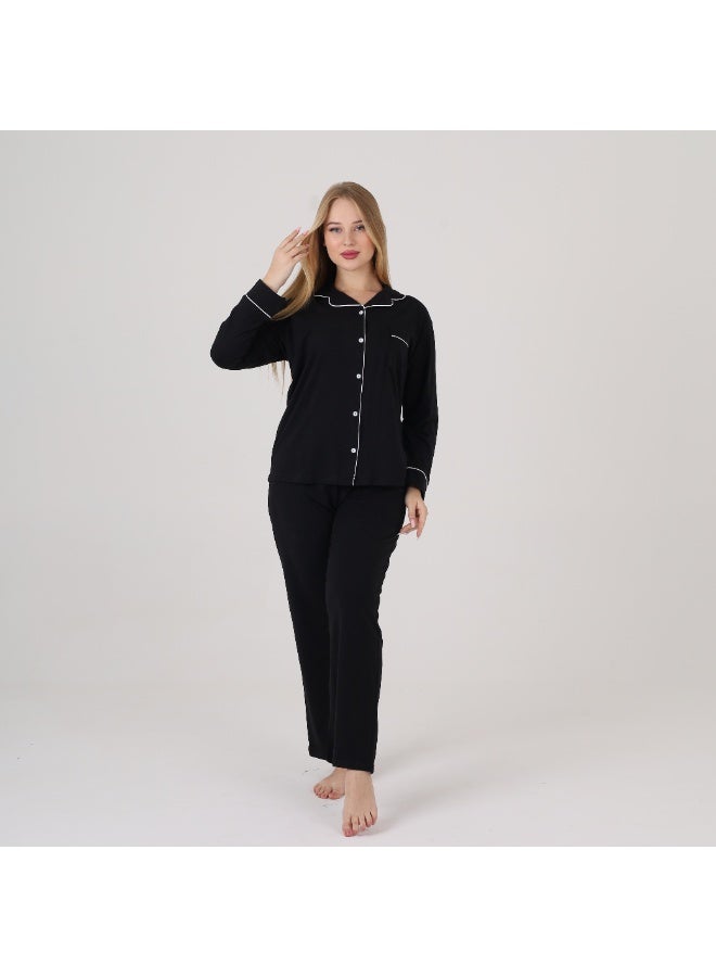 ZECOTEX Women's Classic Cotton Pajama Set - 2-Piece (Button-Down Shirt & Pants) - Elegant Piping Design - Sizes S to 3XL - Black - Image 2