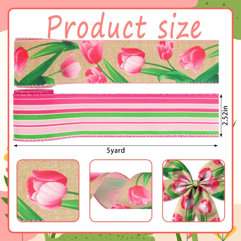 Glodecart 2 Rolls Spring Flower Ribbons Wired for Wreath Bow Wrapping Gifts, Tulips Ribbon for Gift Wrapping Party Decoration DIY Crafts, 2.5" X 10 Yards Pink Stripe Tulip Flower Wired Edge Ribbon - Image 2