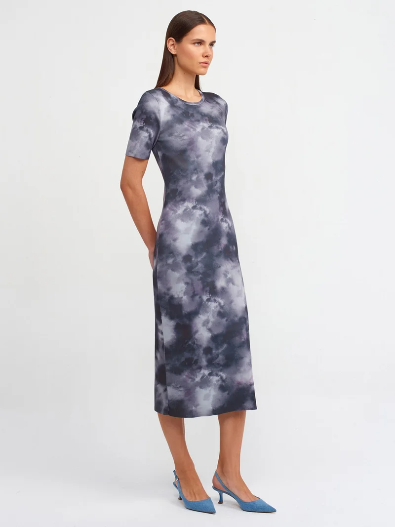 Dilvin 90186 Crew Neck Short Sleeve Printed Knitwear Dress-Smoked