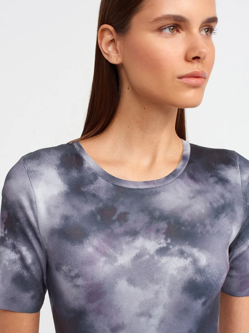 Dilvin 90186 Crew Neck Short Sleeve Printed Knitwear Dress-Smoked