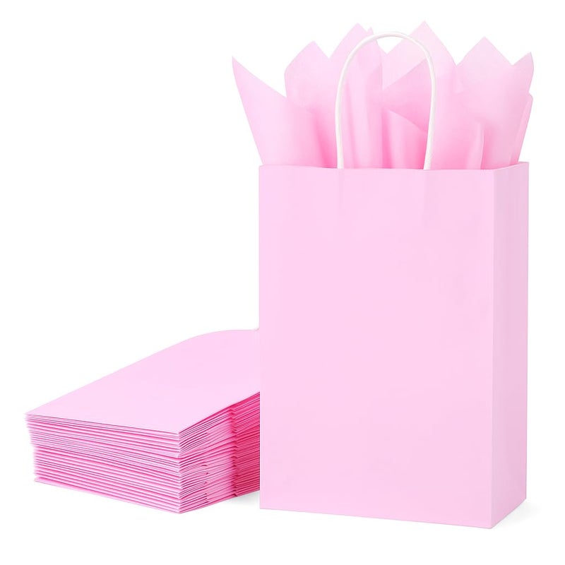 SUNCOLOR 24-Pack Pink Gift Bags with Handles, Small Kraft Paper Goodie Bags, Includes Tissue Paper for Baby Showers, Birthdays, Bridal Showers, 7.9x5.12x3.15 Inches - Image 1