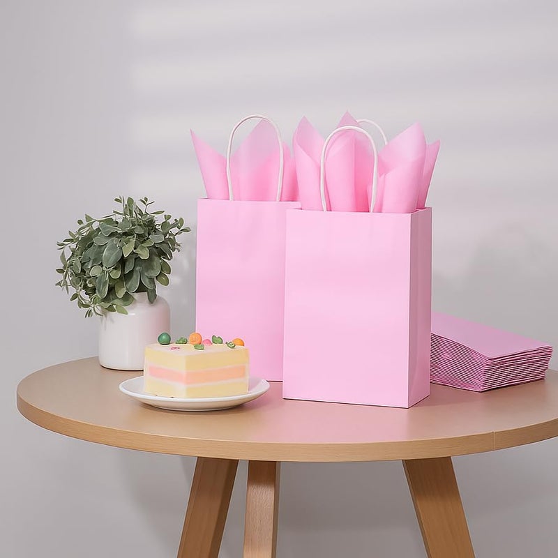 SUNCOLOR 24-Pack Pink Gift Bags with Handles, Small Kraft Paper Goodie Bags, Includes Tissue Paper for Baby Showers, Birthdays, Bridal Showers, 7.9x5.12x3.15 Inches - Image 4
