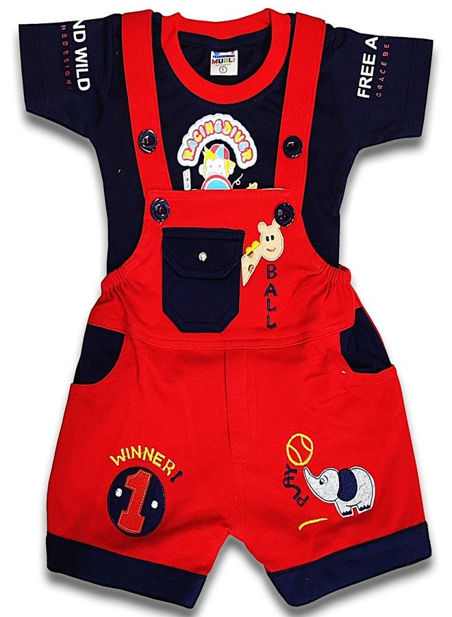 MURLI Kid's Half Sleeve Infant Embroidered Cute Romper Dungaree with Adjustable Belt Closure Clothing Dress for Baby Boys & Girls (IN, Age, 6 Months, 12 Months, Regular, Red) - Image 1