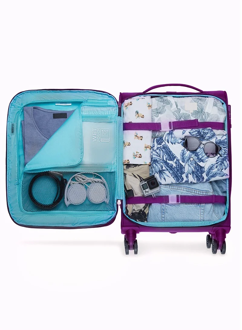 AMERICAN TOURISTER  American Tourister Majoris + Suitcase, Cabin Size 59 cm, 4 Spinner Wheels, Soft Top, 100% Polyester, Wineberry|Corner Guards|Multi Front Pocket|TSA Combination Lock|Expandable|Retractable Aluminum Handle - 3 Years International Warranty  | Best Price UAE