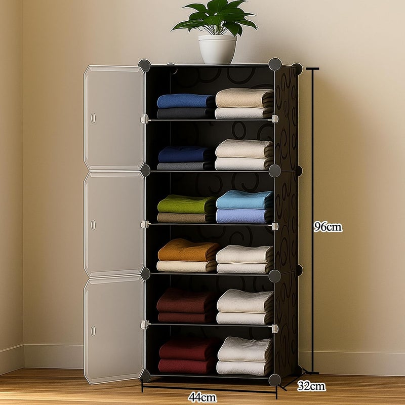 Hiware Portable Collapsible Wardrobe for Clothes Storage 𝟔 𝐒𝐡𝐞𝐥𝐟 & 𝟑 𝐃𝐨𝐨𝐫𝐬 – Cloth Organizer Cupboard/Multipurpose Storage/Closet for Bedroom/Living Room/Laundry Room (A - Black) - Image 2