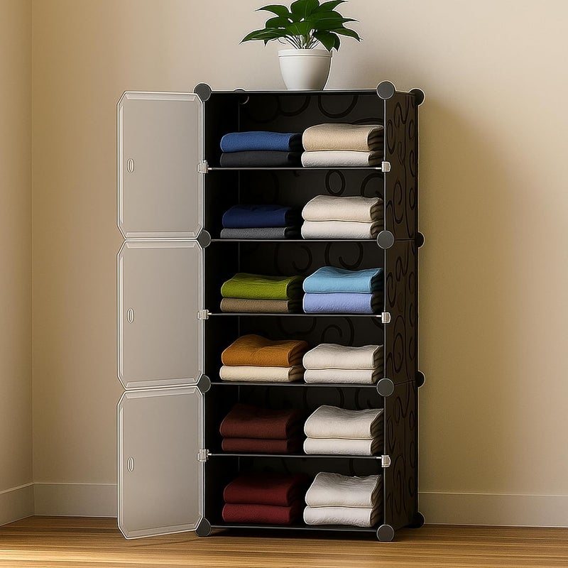 Hiware Portable Collapsible Wardrobe for Clothes Storage 𝟔 𝐒𝐡𝐞𝐥𝐟 & 𝟑 𝐃𝐨𝐨𝐫𝐬 – Cloth Organizer Cupboard/Multipurpose Storage/Closet for Bedroom/Living Room/Laundry Room (A - Black) - Image 1