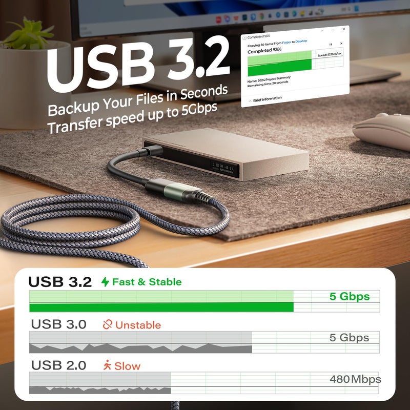 AINOPE USB Extension Cable,USB Extender,USB 3.0 Extension Cable, Male to Female Cord High Data Transfer Compatible with Webcam,USBKeyboard,Flash Drive,Hard Drive,Printer,10FT,Grey - Image 3