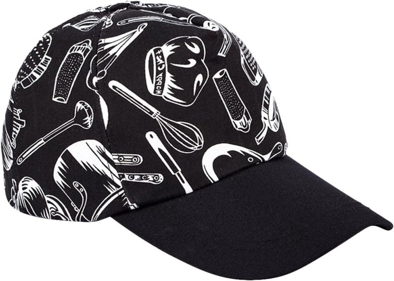 Waiter Chef Hat with Knife and Fork Pattern, Black Kitchen Cap for Restaurant Food Service, Comfortable Peaked Cooking Hat for Men and Women - Image 1