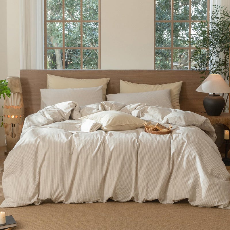 MooMee Striped Duvet Cover Set 100 Washed Cotton Linen Like Textured Breathable Durable Soft Comfy Tannish Linen Grey White Pinstripes King 104x90