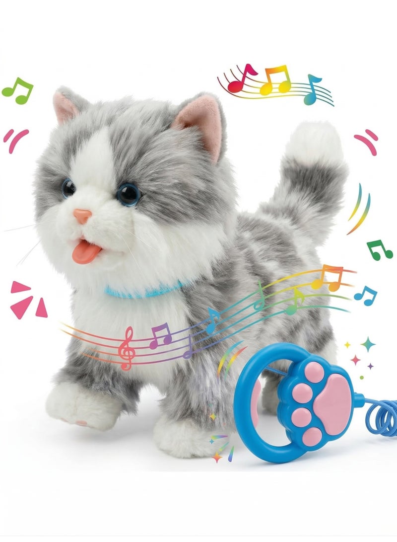 REZZOSS Walking & Singing Cat Toy for Kids – Remote Control Leash Electronic Pet Cat Kids Toy | Interactive Walking Plush Toy with Music & Sound | Battery Operated Robotic Cat for Boys & Girls | Pretend Pet Play Toy Gift for Birthday (Grey) - Image 1