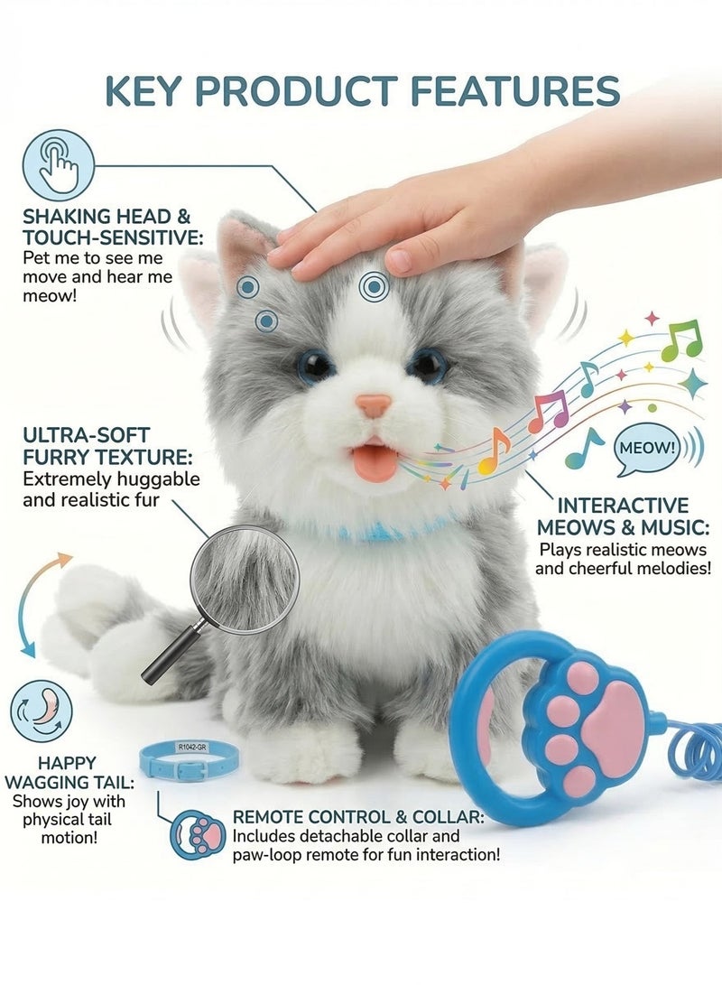 REZZOSS Walking & Singing Cat Toy for Kids – Remote Control Leash Electronic Pet Cat Kids Toy | Interactive Walking Plush Toy with Music & Sound | Battery Operated Robotic Cat for Boys & Girls | Pretend Pet Play Toy Gift for Birthday (Grey) - Image 2