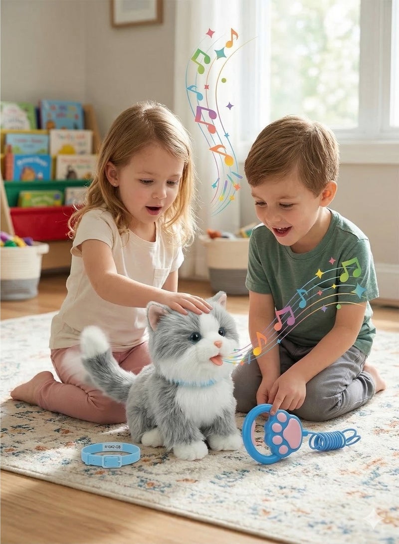 REZZOSS Walking & Singing Cat Toy for Kids – Remote Control Leash Electronic Pet Cat Kids Toy | Interactive Walking Plush Toy with Music & Sound | Battery Operated Robotic Cat for Boys & Girls | Pretend Pet Play Toy Gift for Birthday (Grey) - Image 4