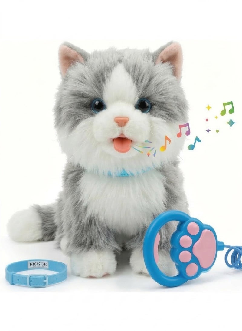 REZZOSS Walking & Singing Cat Toy for Kids – Remote Control Leash Electronic Pet Cat Kids Toy | Interactive Walking Plush Toy with Music & Sound | Battery Operated Robotic Cat for Boys & Girls | Pretend Pet Play Toy Gift for Birthday (Grey) - Image 3