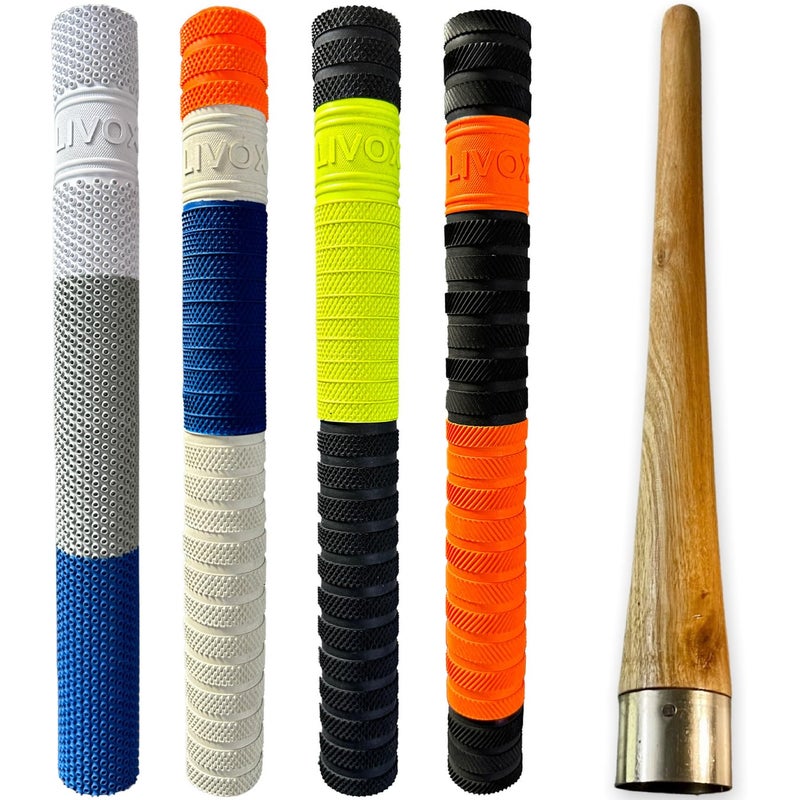 LIVOX ® MIX Texture Cricket Bat Handle Rubber 4 Grips for Enhanced Performance With Better Shock Absorption And 1 Wooden Gripper Cone (pack of 5) - Image 1