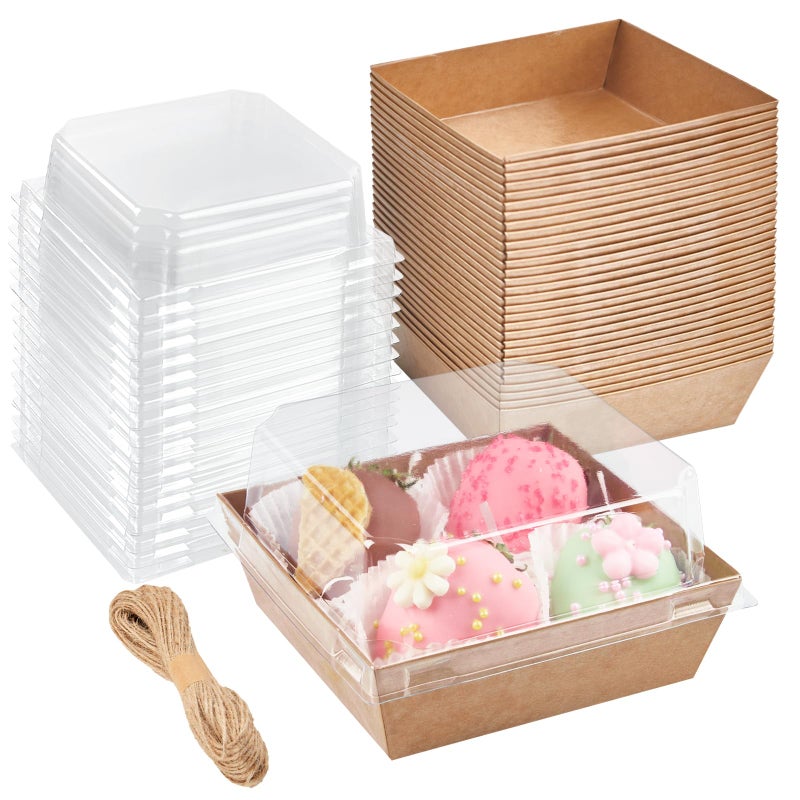 ZORRITA 50 Pack Small Paper Charcuterie Boxes with Clear Lids, 4Ã—4 Inch Mini Cake Slice Boxes To Go Bakery Containers for Individual Desserts, Cookies, Strawberries, Treats (Brown) - Image 1