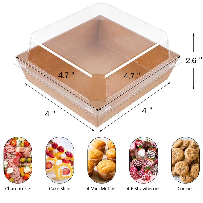 ZORRITA 50 Pack Small Paper Charcuterie Boxes with Clear Lids, 4Ã—4 Inch Mini Cake Slice Boxes To Go Bakery Containers for Individual Desserts, Cookies, Strawberries, Treats (Brown) - Image 2