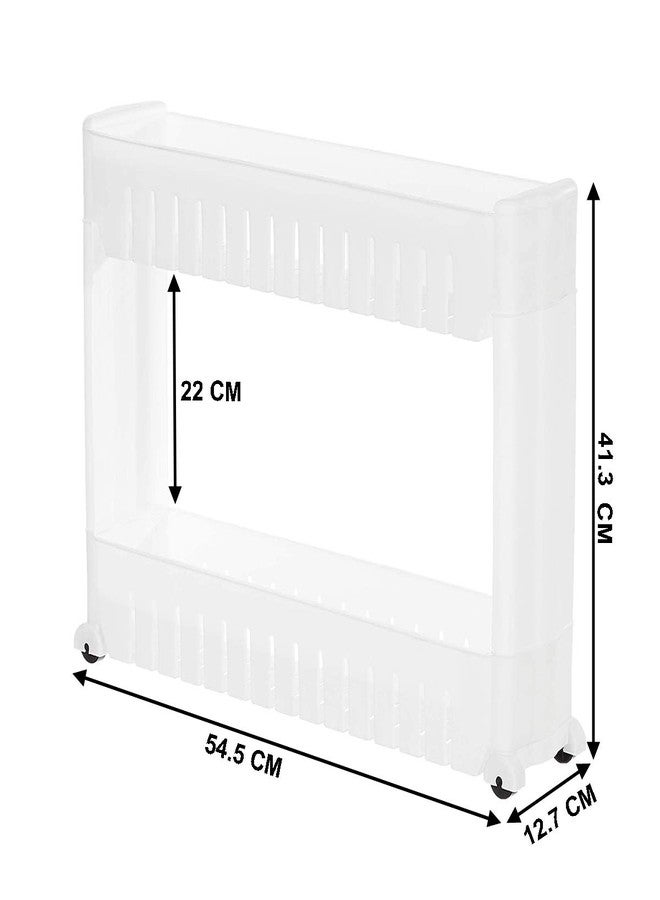 MEZON Plastic Multipurpose Slim Slide Detachable Storage Rack Holder Organizer Shelf with Moving Wheels Trolley 2/3/4 Layers Kitchen Bathroom Bedroom (2 Tier, White) - Image 2