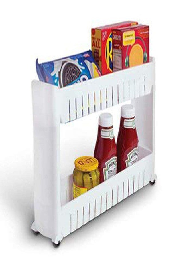MEZON Plastic Multipurpose Slim Slide Detachable Storage Rack Holder Organizer Shelf with Moving Wheels Trolley 2/3/4 Layers Kitchen Bathroom Bedroom (2 Tier, White) - Image 4