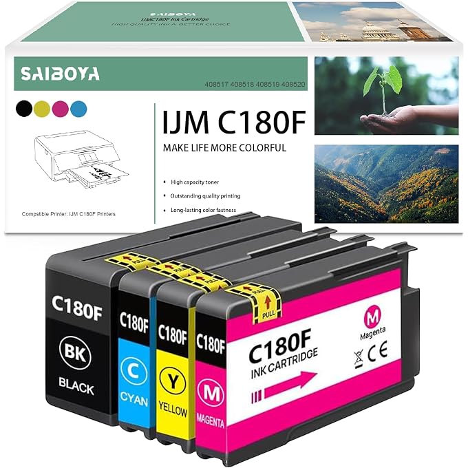 IJM C180f XL Ink Cartridge Remanufactured 408517 408518 408519 408520 IJM C180 Ink Replacement for RICOH IJM C180F Printers Ink (Black, Cyan, Magenta, Yellow, 4 Pack)