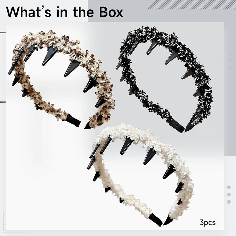 3 Woven Headbands For Women, White Black Coffee, Fashion With Teeth, Non-Slip, Lightweight & Sweet Hair Accessories, Volume Boost - Image 4