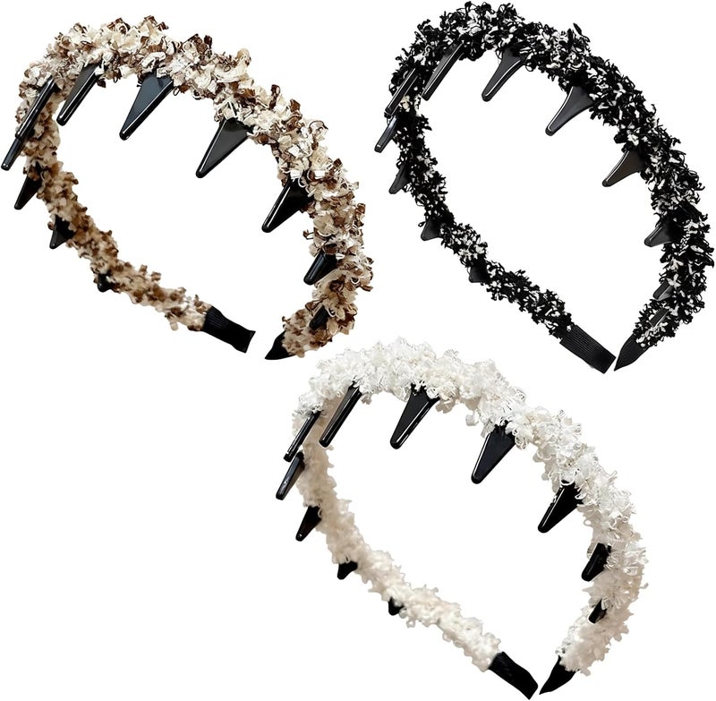 3 Woven Headbands For Women, White Black Coffee, Fashion With Teeth, Non-Slip, Lightweight & Sweet Hair Accessories, Volume Boost - Image 1