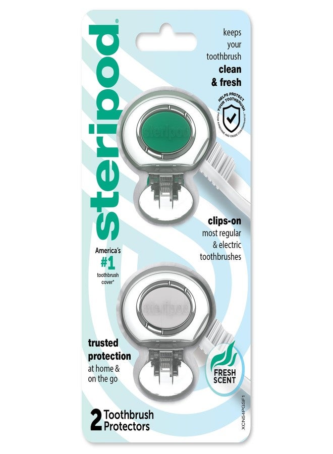 Steripod Clip-on Toothbrush Protector, Green/Silver, 2 Count - Image 1