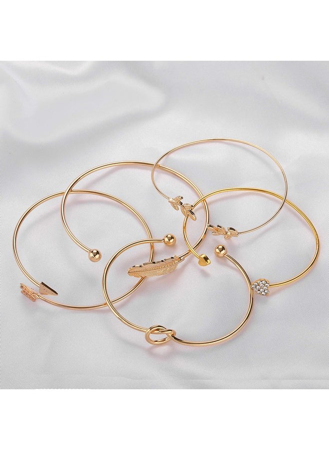 Softones - 5Pcs Bangle Gold Bracelets For Women Heart|Olive Leaf|Arrow|Feather|Knot Heart Open Cuff Bracelet Set Adjustable - Image 1