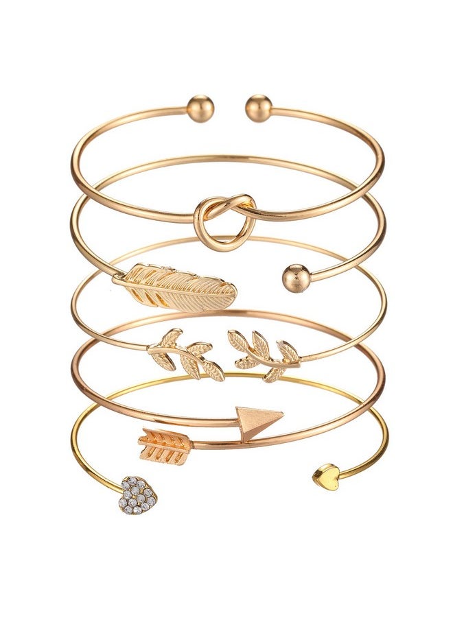 Softones - 5Pcs Bangle Gold Bracelets For Women Heart|Olive Leaf|Arrow|Feather|Knot Heart Open Cuff Bracelet Set Adjustable - Image 1