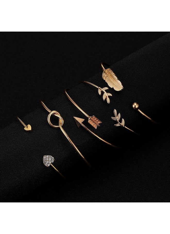 Softones - 5Pcs Bangle Gold Bracelets For Women Heart|Olive Leaf|Arrow|Feather|Knot Heart Open Cuff Bracelet Set Adjustable - Image 1