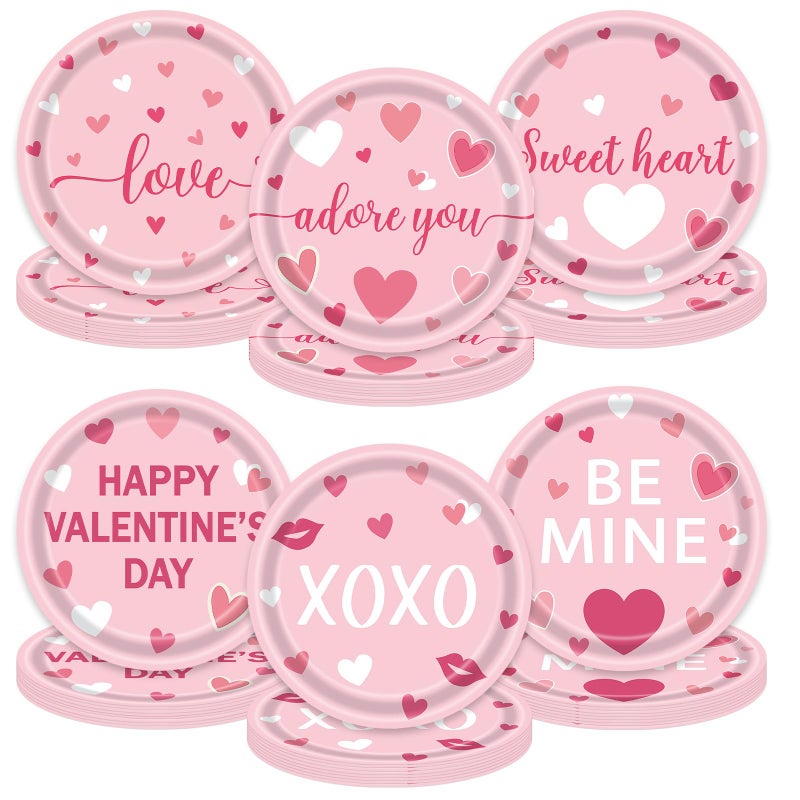 Photken 48 Pieces Valentineâ€™s Day Paper Plates â€“ 7 Inch Pink Heart Design Round Disposable Dessert Plates for Valentineâ€™s Parties, Weddings, Anniversaries, and Romantic Dinners - Image 1