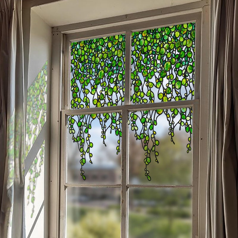 ChicSkin Original Hand Drawn Faux Stained Glass Window Hanging Clingsï¼ŒDouble Sided See Through Green Window Film Floral for Living Room,Glass Front Door,Green Pearl Vine 31.5"X53.15" - Image 1