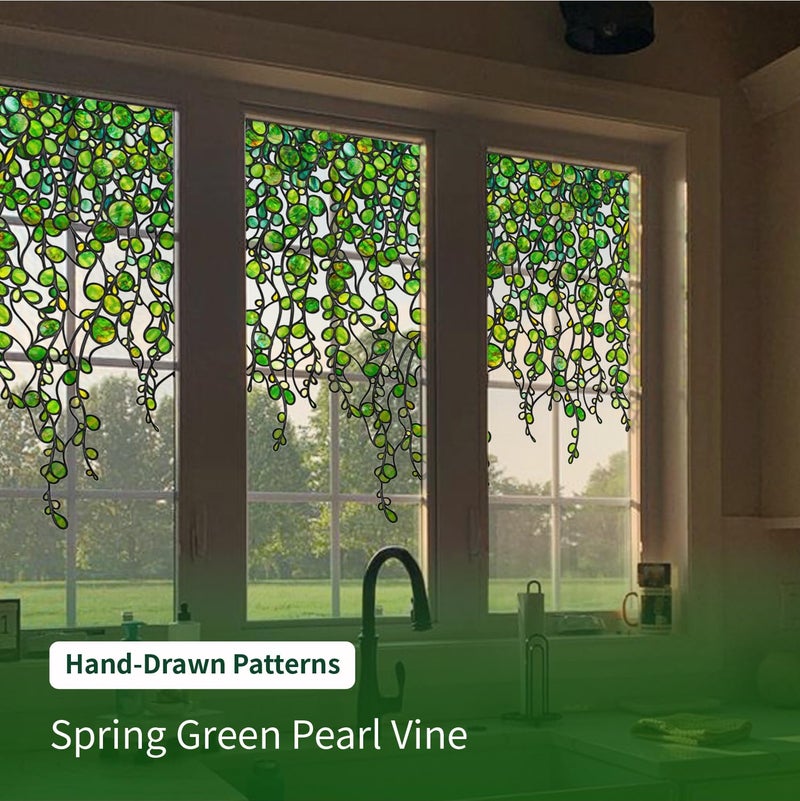 ChicSkin Original Hand Drawn Faux Stained Glass Window Hanging Clingsï¼ŒDouble Sided See Through Green Window Film Floral for Living Room,Glass Front Door,Green Pearl Vine 31.5"X53.15" - Image 4