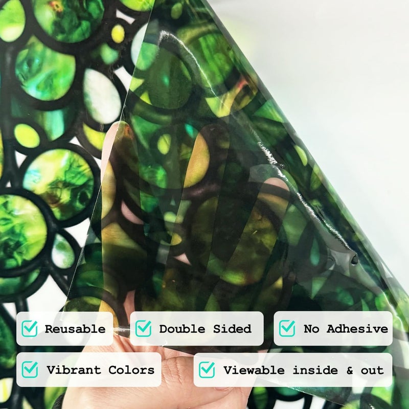 ChicSkin Original Hand Drawn Faux Stained Glass Window Hanging Clingsï¼ŒDouble Sided See Through Green Window Film Floral for Living Room,Glass Front Door,Green Pearl Vine 31.5"X53.15" - Image 2