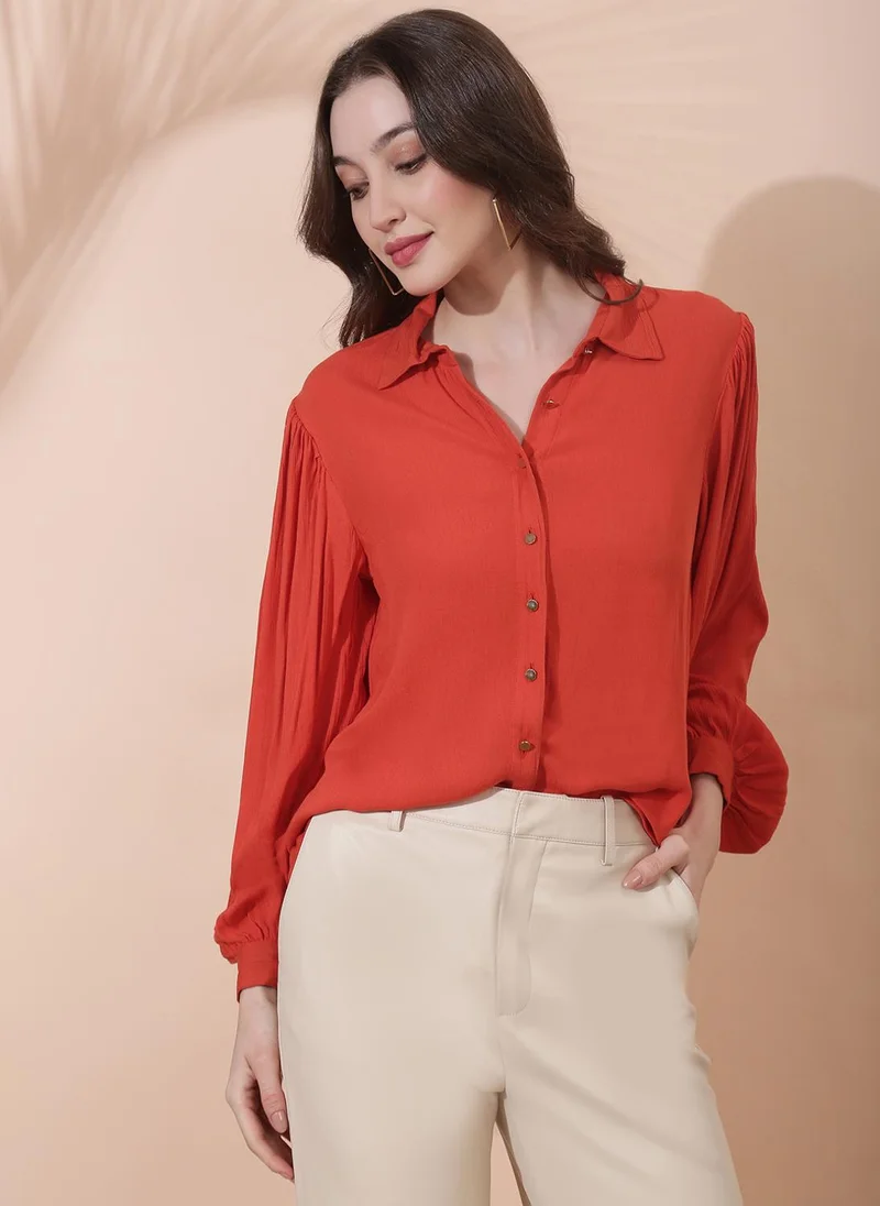جلو باص Globus Women Rust Collared Neck Bishop Sleeves Casual Shirt