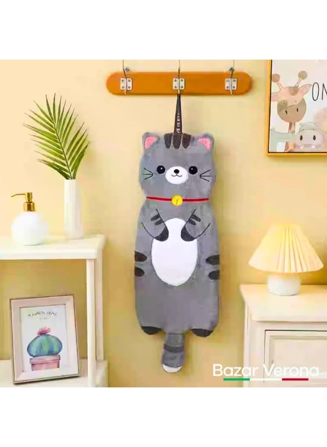 منشفة يد معلقة أنيقة ولطيفة بتصميم حيوانات كرتونية، مصنوعة من قماش ناعم ماص، منشفة تجفيف مزخرفة للمطبخ والحمام، مزودة بحلقة للاستخدام المنزلي، طولها 80 سم (قطة). - Image 1