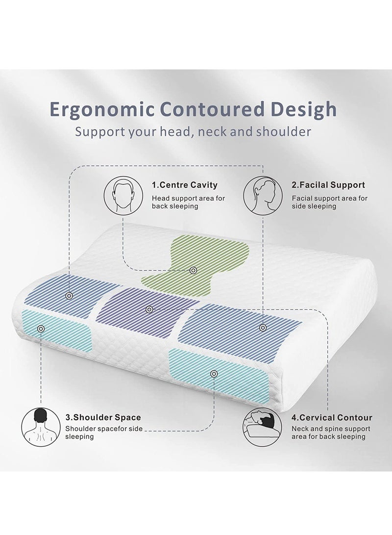Memory Foam Pillow 60x38x10cm, Neck Designed Sleeping Pillow, Strong Neck Support Contour Bed Pillow Suitable for Side Sleepers,Washable Pillow Cover, White - Image 2