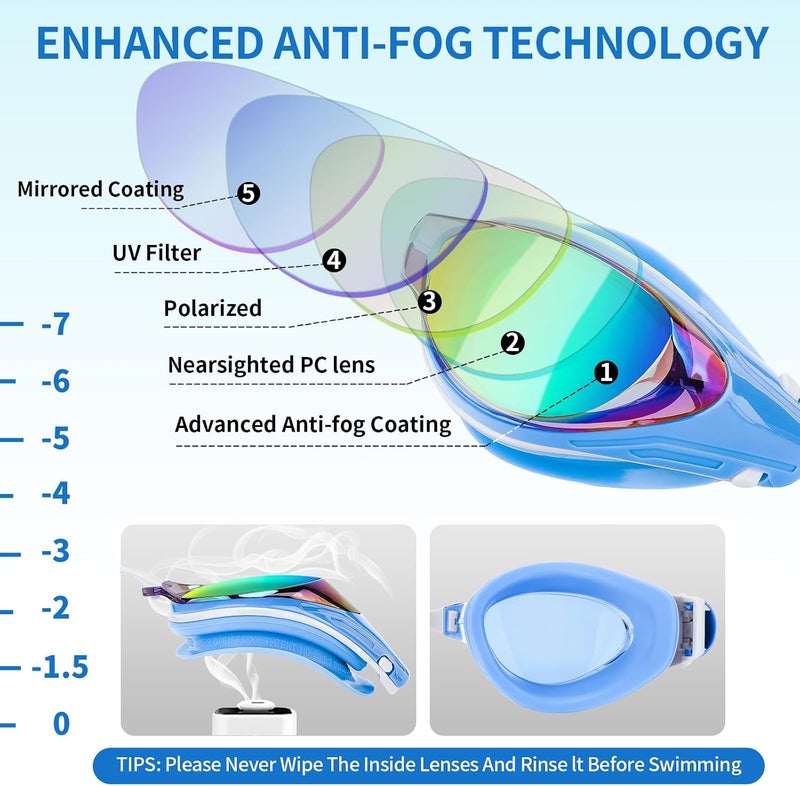 Wave Nearsighted Swim Goggles, Shortsighted Optical Swimming Goggles No Leaking Anti Fog UV Protection for Adult Men Women - Image 4