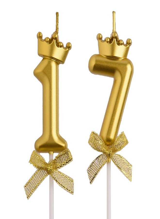 AOOLADA 17th Birthday Candles, Gold 3D Number 17 Happy Birthday Candle with Crown, Cake Topper Decorations - Image 1