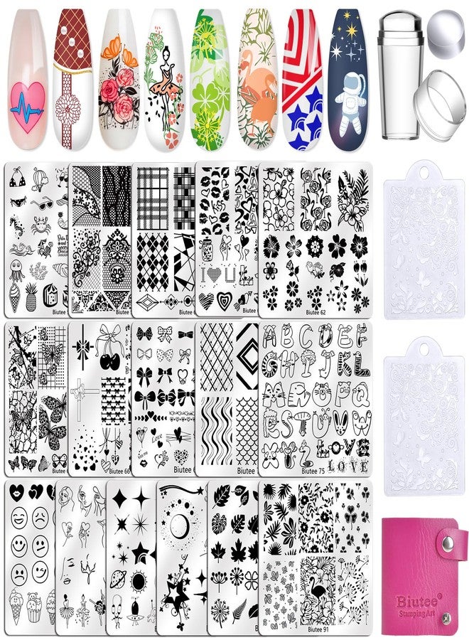 Biutee Nail Stamping Kit with 16 Nail Stamping Plates, Clear Jelly Nail Stamper, 2 Scrapers & Storage Bag, Nail Art Stamping Plate Set with Floral Geometric Beach Designs for DIY Manicure - Image 1