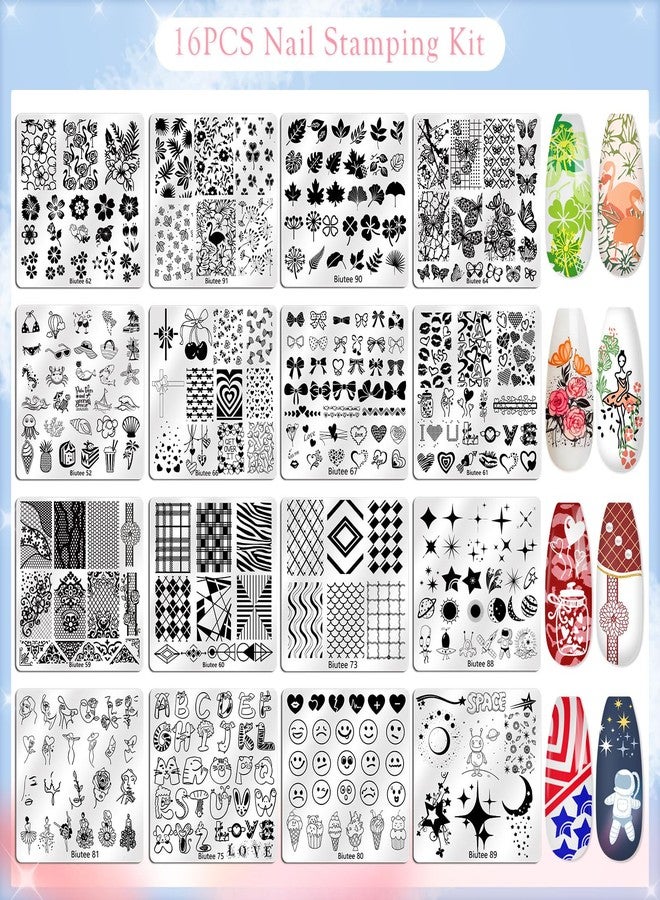 Biutee Nail Stamping Kit with 16 Nail Stamping Plates, Clear Jelly Nail Stamper, 2 Scrapers & Storage Bag, Nail Art Stamping Plate Set with Floral Geometric Beach Designs for DIY Manicure - Image 2