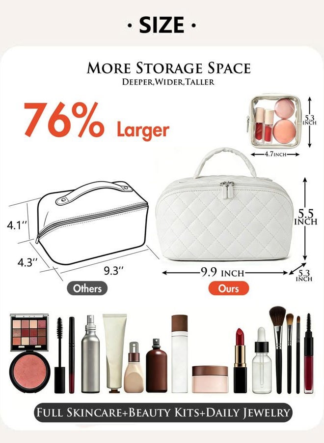 MINGRI Large Capacity Travel Cosmetic Bag for Women,Makeup Bag Travelling PU Leather Cosmetic Bag Waterproof,Multifunctional Storage Travel Toiletry Bag Skincare Bag (Rhombus-White), Rhombus White - Image 4