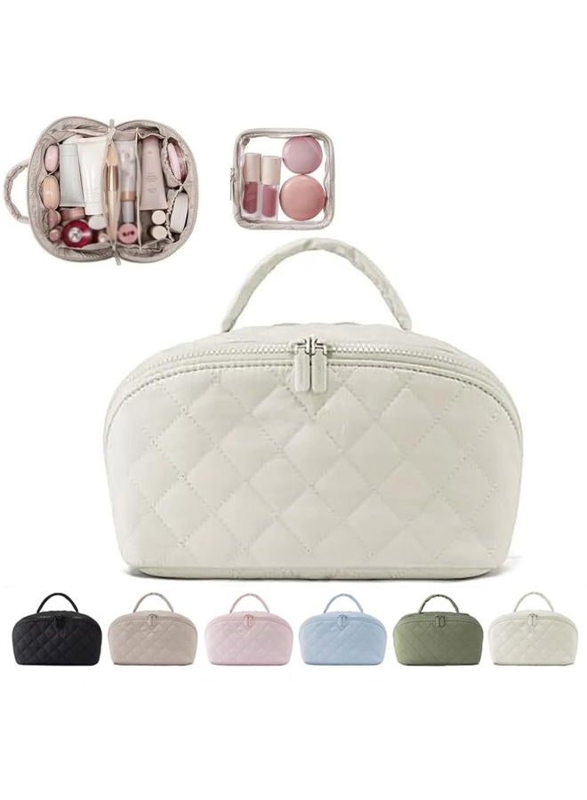 MINGRI Large Capacity Travel Cosmetic Bag for Women,Makeup Bag Travelling PU Leather Cosmetic Bag Waterproof,Multifunctional Storage Travel Toiletry Bag Skincare Bag (Rhombus-White), Rhombus White - Image 1