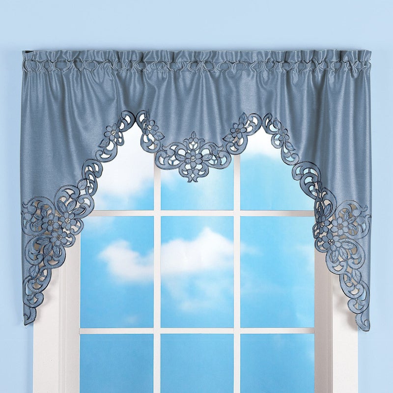 Collections Etc Elegant Cut Out and Embroidered Scroll Window Valance with Rod Pocket Top for Easy Hanging, Blue, 58" X 36" - Image 2