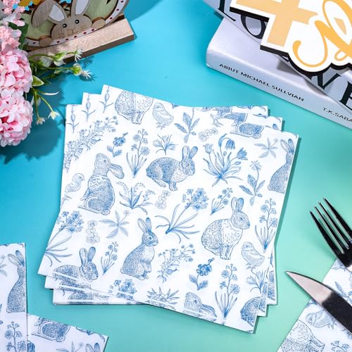 Whaline 50 Pcs Blue White Easter Paper Napkins Retro Bunny Rabbit Flower Disposable Napkins Chinoiserie Luncheon Dinner Napkins for Spring Wedding Birthday Party Table Supplies - Image 3