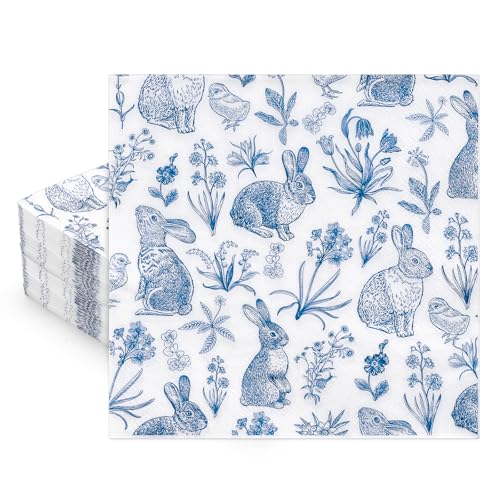 Whaline 50 Pcs Blue White Easter Paper Napkins Retro Bunny Rabbit Flower Disposable Napkins Chinoiserie Luncheon Dinner Napkins for Spring Wedding Birthday Party Table Supplies - Image 1