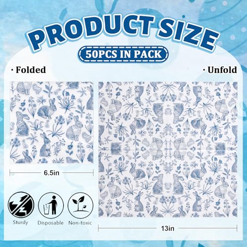 Whaline 50 Pcs Blue White Easter Paper Napkins Retro Bunny Rabbit Flower Disposable Napkins Chinoiserie Luncheon Dinner Napkins for Spring Wedding Birthday Party Table Supplies - Image 2
