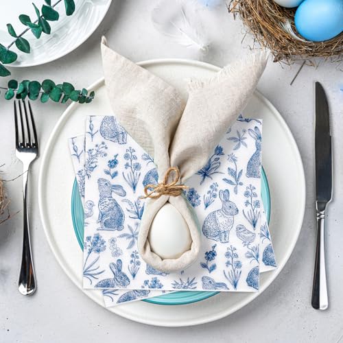 Whaline 50 Pcs Blue White Easter Paper Napkins Retro Bunny Rabbit Flower Disposable Napkins Chinoiserie Luncheon Dinner Napkins for Spring Wedding Birthday Party Table Supplies - Image 5