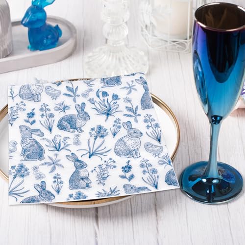 Whaline 50 Pcs Blue White Easter Paper Napkins Retro Bunny Rabbit Flower Disposable Napkins Chinoiserie Luncheon Dinner Napkins for Spring Wedding Birthday Party Table Supplies - Image 4