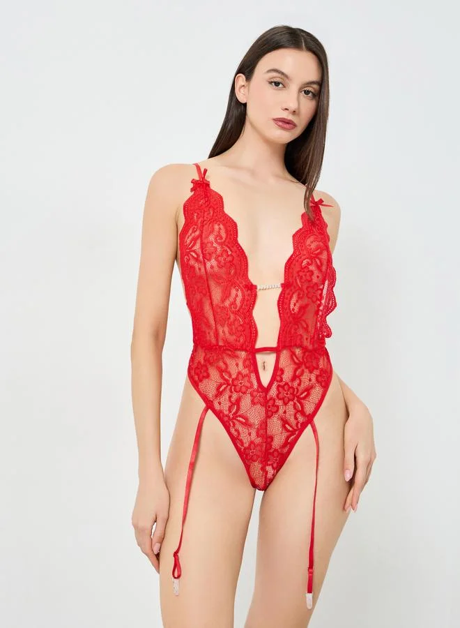 Take Two Red Lace and Mesh Babydoll with Garters and Brief Set